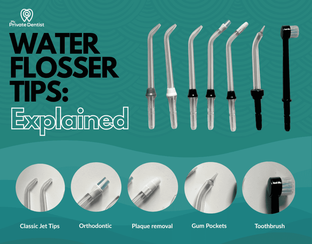 Water flosser tips for dental hygiene, oral health, and plaque removal at My Private Dentist.