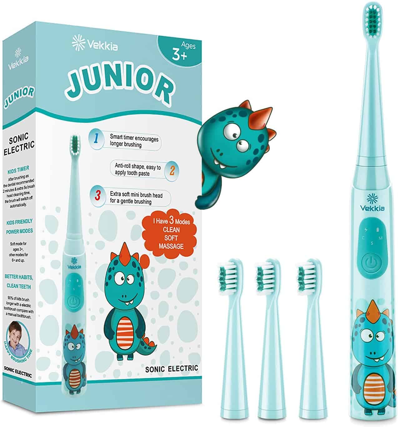 Vekkia Sonic Rechargeable Kids Electric Toothbrush, 3 Modes with Memory, Fun & Easy Cleaning, 24000 Strokes, IPX7 Waterproof, 2-Min Timer for Age 5+, 4 Soft Bristles(Blue)