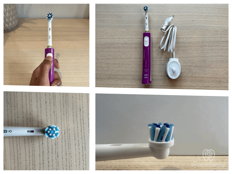 A collage of four hands-on review photos of the Oral-B Pro Kids electric toothbrush, showing (clockwise from top left) the children's brush being held, the full unboxing contents, a macro shot of the bristles from side profile and top view.