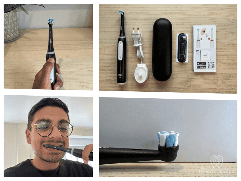 A collage of four hands-on review photos of the Oral-B iO3 electric toothbrush, showing (clockwise from top left) the brush being held, the full unboxing contents, a macro shot of the bristles, and Dr. Jarri Amini personally testing the product.