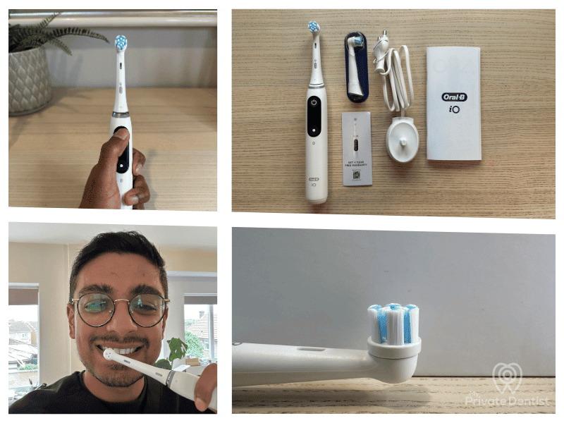 A collage of four hands-on review photos of the Oral-B iO8 electric toothbrush, showing (clockwise from top left) the brush being held, the full unboxing contents, a macro shot of the bristles, and Dr. Jarri Amini personally testing the product.