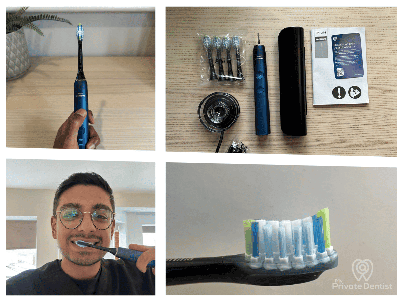 A collage of four hands-on review photos of the Philips Sonicare 9000 electric toothbrush, showing (clockwise from top left) the brush being held, the full unboxing contents, a macro shot of the bristles, and Dr. Jarri Amini personally testing the product.