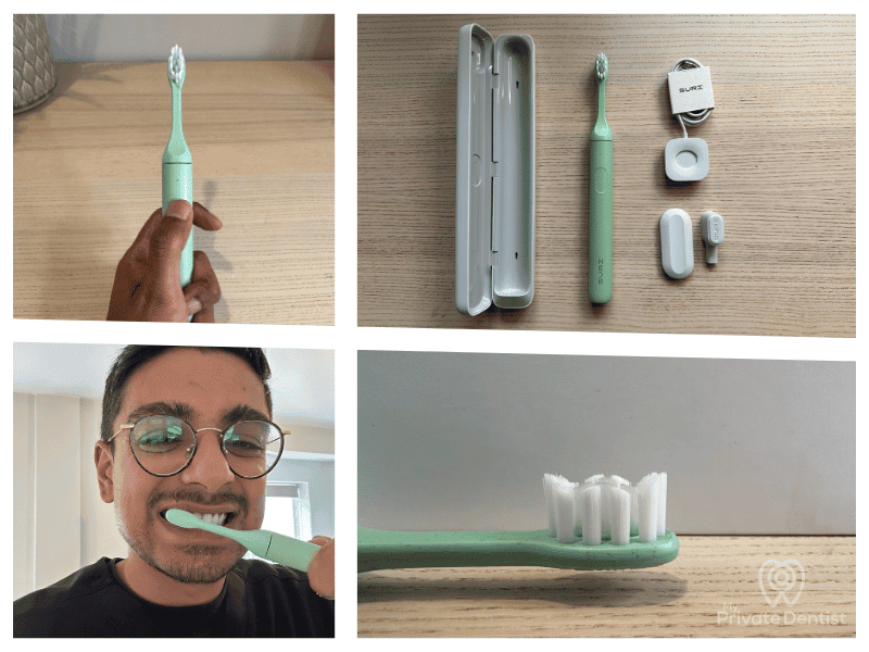 A collage of four hands-on review photos of the SURI 2.0 electric toothbrush, showing (clockwise from top left) the brush being held, the full unboxing contents, a macro shot of the bristles, and Dr. Jarri Amini personally testing the product.